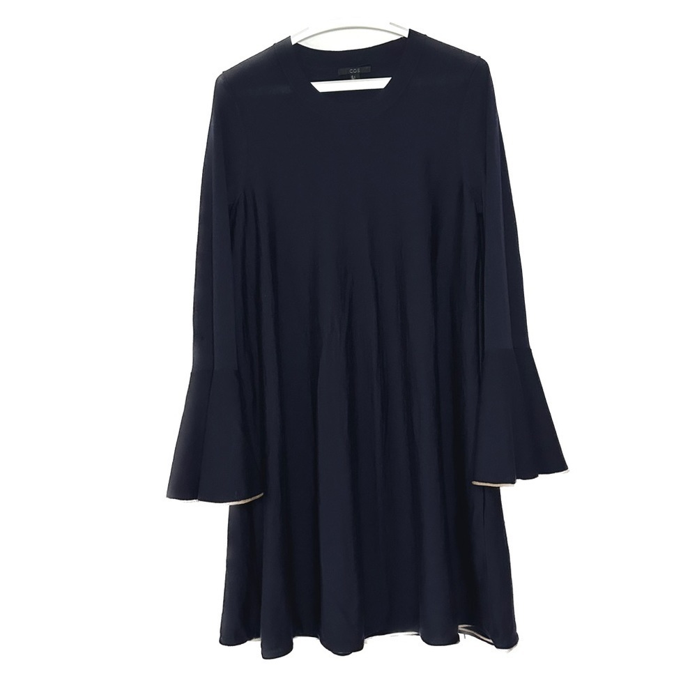 COS 100% Wool Sweater Dress A-Line Contrast Bell Sleeve Black Size Medium